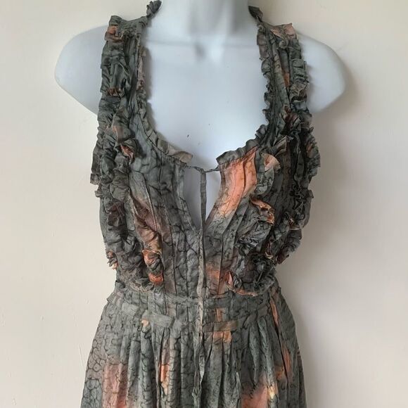 RUTZOU DANISH DESIGNER SILK DRESS MOSS/ PEACH - Picture 2 of 8